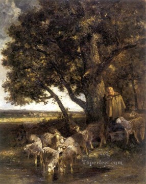 シャルル・エミール・ジャック Painting - プール動物作家シャルル・エミール・ジャック作「羊飼いと群れ」
